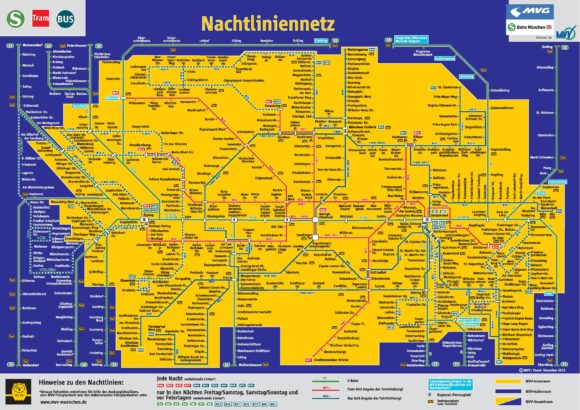 Mapa nocnego transportu publicznego w Monachium